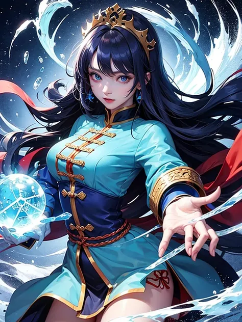 Jiangshi girl wearing blue uniform attacking with ice magic with long hair