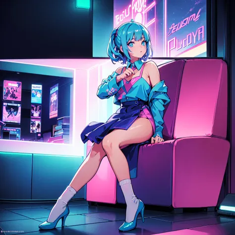 (masterpiece), Highest quality, Expressive eyes, Neon pastel aesthetics, Retro 90s, Neon color,((Girl sitting on sofa,In a cozy room,Records hanging on her wall, Comic books on the floor, Looking out the window behind her at the night city, Upholstered roo...