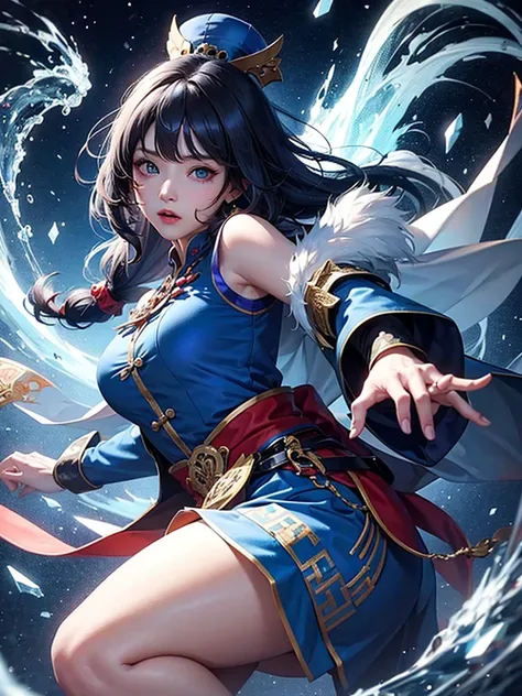 Jiangshi girl wearing blue uniform attacking with ice magic with long hair