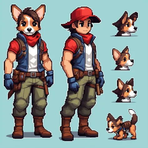 Pixel Art，Pixel Art，Create an original character design sheet，The protagonist of the game，dog，Adventurer&#39;s Clothing，Natural perm，Musical Instruments，travelling poet，（（3 Views，whole body，background，multiple views，high resolution）），multiple views，Multipl...