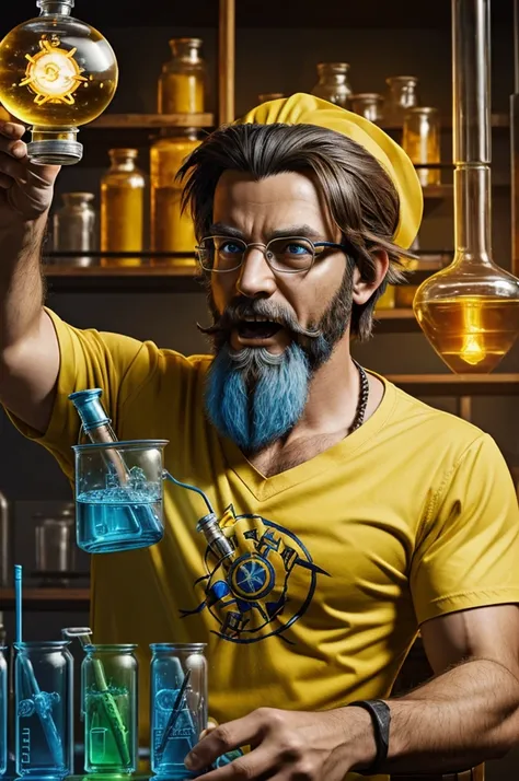 ((best quality)) , ((masterpiece)) , (detailed) , A mad scientist from World of Warcraft is playing with beakers and test tubes in his lab. He is wearing a yellow shirt that says "Blizzard" on it. In the style of Hearthstone card art.