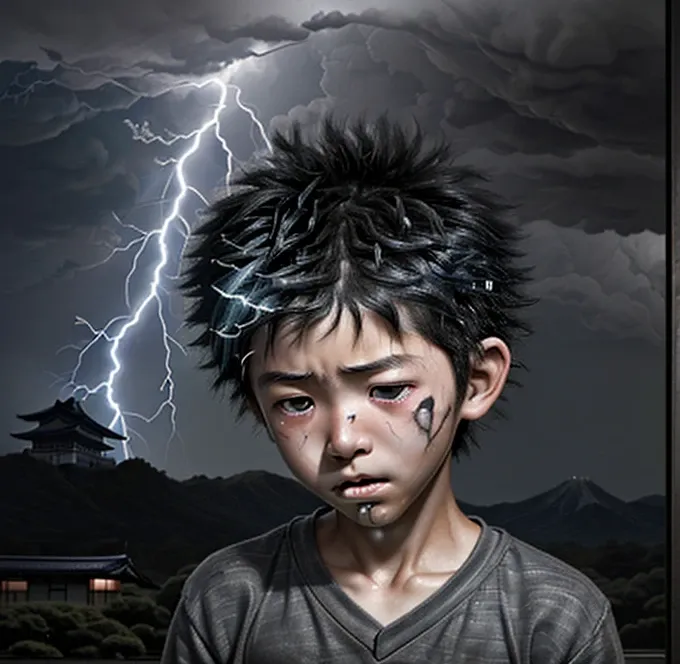 A small Japanese boy is struck by lightning on his way to school, leaving him electrocuted and covered in soot