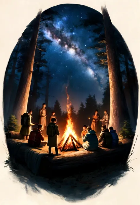 (best quality), (superior quality). Nighttime camping scene featuring a group of Male friends beneath a starlit sky. The campsite is set within a clearing surrounded by tall trees. A campfire is burning at the center, casting flames and amber light. The ni...