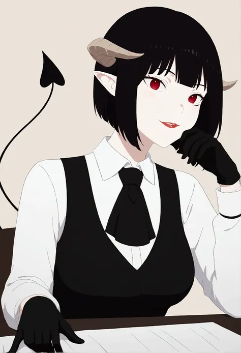 work of art, best qualityer, high resolution, 1girl horns short hair demon tail, white shirt black ascot black gloves black pant...