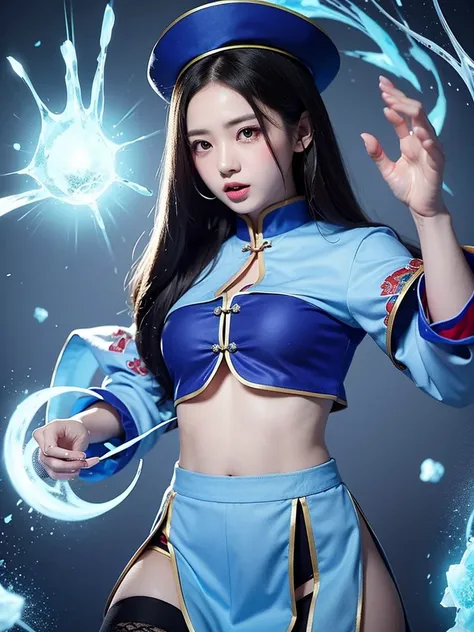 Jiangshi girl wearing blue uniform attacking with ice magic with long hair