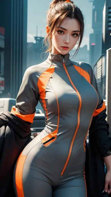 beautiful woman wears jumpsuit in the style of light gray and orange, cyberpunk manga, loose handling of paint, xbox 360 graphics, mechanical designs, medium long shot, charming characters
