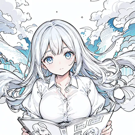 A girl,close up, wearing white shirt, reading a book, (best quality:1.3), (highres:1), (detailed:1.3), (incredible:1.3), (perfect:1.3), (perfection:1.3), (illustration:1.3), shes getting fun while reading it, dynamic on scene,Big Breasts