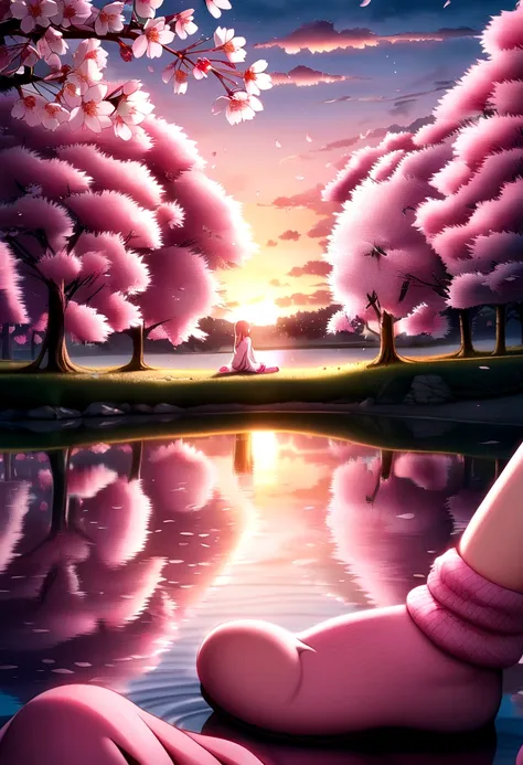 Sakura, trunk, ssmile, blush, sitting down, ((Cherry blossoms)), ((pink manga)), tom rosa, ((pink socks)), heaven pink, SUNSET, lake, reflection