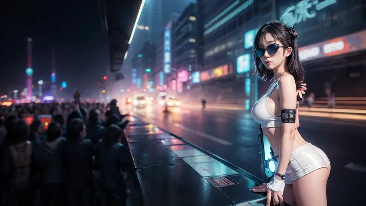 8k, Realistic Skin Texture, Realistic Photo, Neo Tokyo, slim women, large-breast:1.3 cleavage:1.2, AD2050 at night, Dirty hunting jacket, Wearing tube top, miniskirt, (((black sunglasses, automatic rifle, sneakers, cold, shooting pose, very low angle view)...