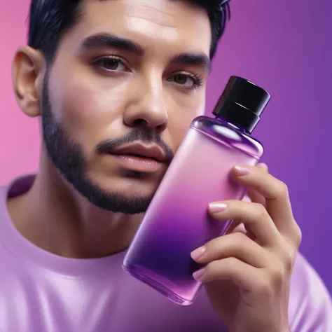 smartphone in his hand, blackhair male hands holding  purple bottle of massage oil to her face, that is glowing with pink and purple colours, dripping wet, closeup macro photo, minimalistic, in a light purple and pink style, with soft edges and blurred det...