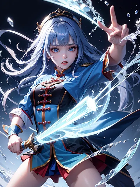 Jiangshi girl wearing blue uniform attacking with ice magic with long hair