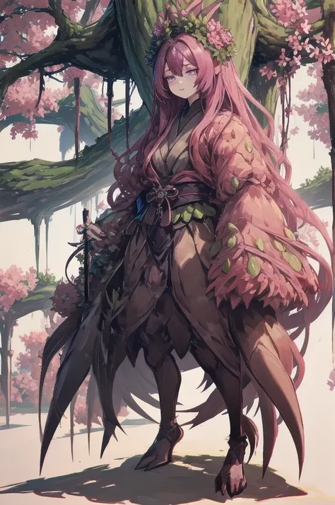 masterpiece, best quality, extremely detailed, anime, {{plant thorny shrub around her}}, monster girl, alraune,{huge flowers on head}, underbody into cherry blossom flower, {{fusion of cherry blossom and girl, }}, Cherry-blossom color hair, crimson eyes, h...