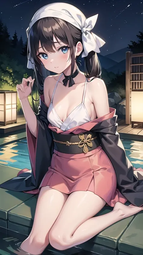 pokemonmay, pokemonmay, blue eyes, brown hair, bandana, long hair,bandana, twintails, hair between eyes, (small breasts:1.2),
BREAK japanese clothes,kimono,wet kimano, yukata,cleavege,neckline,black choker,
BREAK looking at viewer, 
BREAK outdoors, onsen,n...