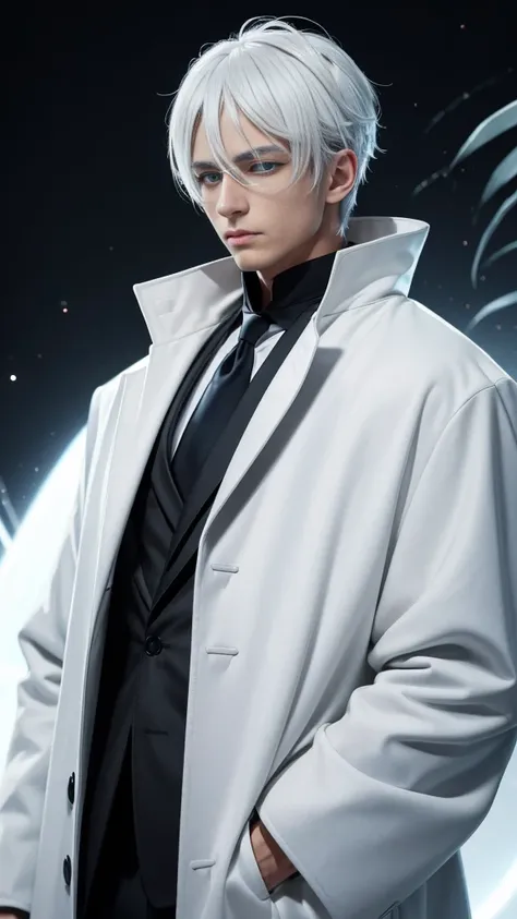 A man ,small blue glowing eyes,white eyelashes, white stylish hair, he is wearing a black coat , his skintone is light,((Saturo Gojo))