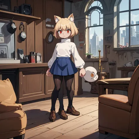 (masterpiece, best quality:1.2),  necoarc, slit pupils, cat ears, blonde hair, red eyes, chibi, 1boy, solo, white turtleneck, blue skirt, pleated skirt, brown footwear, pantyhose, near a window, inside a room, highlight thighs, :3, landscape, femboy 