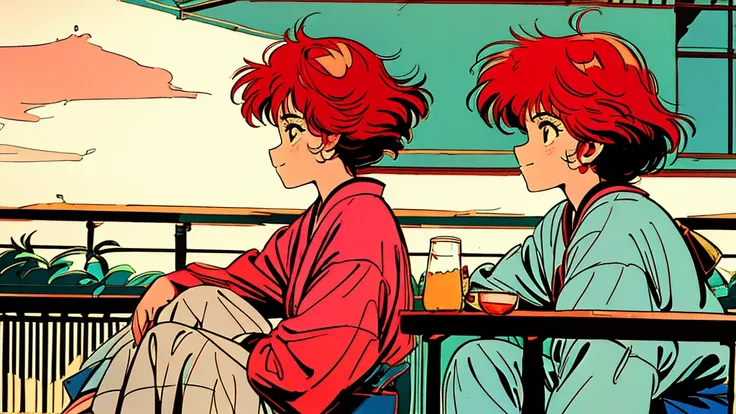 masterpiece, City Pop Style, Japanese, Medium Hair,  Red hair, alone, profile，Relax on the veranda, Drinking alcohol, Retro, Vintage, A light smile