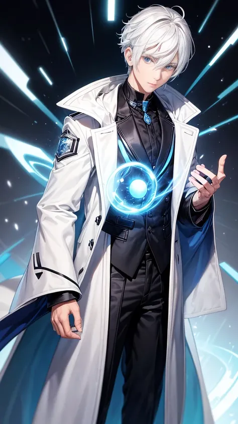 A man ,small blue glowing eyes,white eyelashes, white stylish hair, he is wearing a black coat , his skintone is light,((Saturo Gojo))