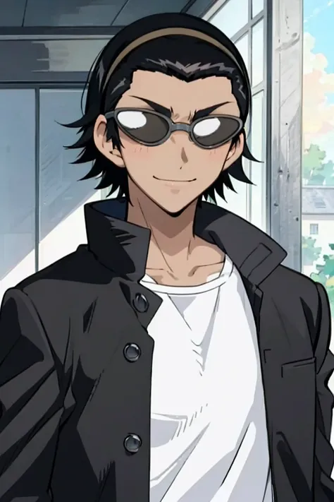  1boy, solo, harimakenji, glasses, hairband, looking_at_viewer, serious, gakuran, white_shirt,smile,happy