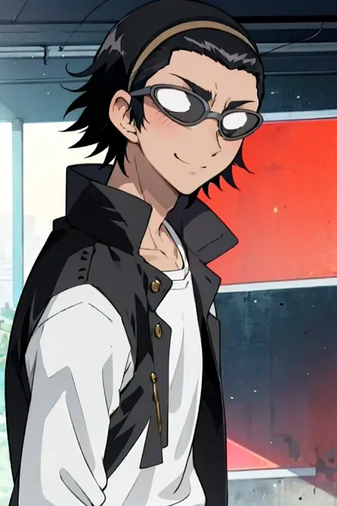  1boy, solo, harimakenji, glasses, hairband, looking_at_viewer, serious, gakuran, white_shirt,smile,happy