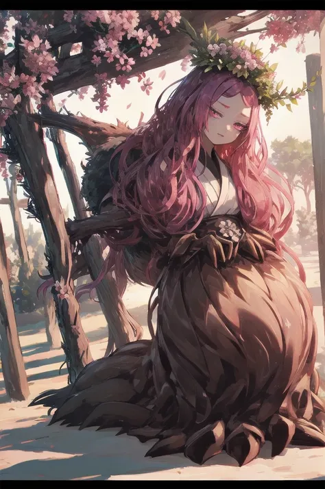 masterpiece, best quality, extremely detailed, anime, {{plant thorny shrub around her}}, monster girl, alraune,{huge flowers on head}, underbody into cherry blossom flower, {{fusion of cherry blossom and girl, }}, Cherry-blossom color hair, crimson eyes, h...