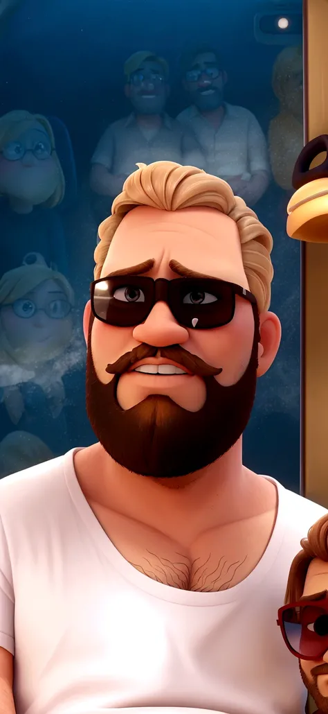 crie um homem, 32 years old, sitting inside the bus , with sunglasses, blondie hair, dark beard, light mustache, parted hair, plumpness, disney pixar style