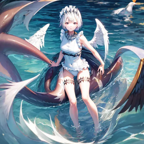 full-body portraits、sleeveless、White-colored skin,seaside，swimsuit，Double tail,white wings behind