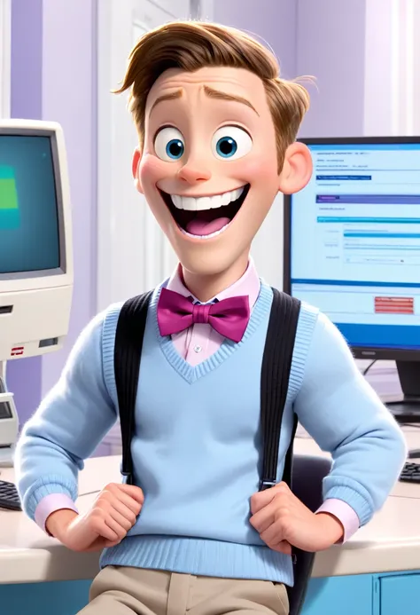 Fear (a male character in the movie "Inside Out" with powder blue long-sleeved shirt with white stripes, a Hounds tooth sweater vest, violet pants, black shoes, and a magenta bow tie) is excited, happy while looking at the computer screen, smile brightly, ...