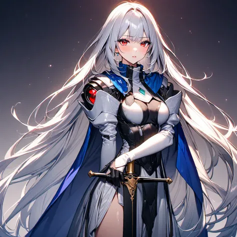 (masterpiece),(Highest quality),(Super detailed),(Best illustrations),(so beautiful), so beautiful長い脚,Silver Hair, Red eyes, Very long hair, positive（Female Wizard、White dress、Blue Cape、Roll-up skirt、The upper body is armored,  holding weapon, huge sword,