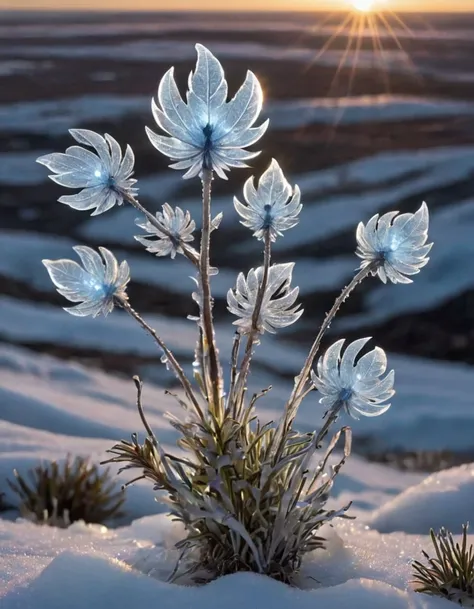 Create an image of a rare plant called Shiverbug, which grows exclusively in the remote, icy regions of the Arctic tundra. The plant should have luminescent, crystalline leaves that emit a bluish glow under the moonlight, and delicate, silver-colored stems...