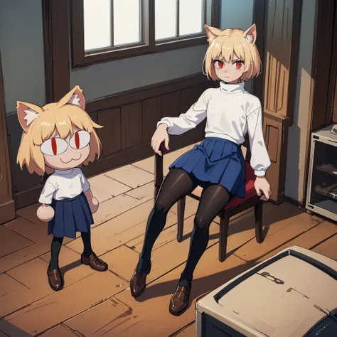 (masterpiece, best quality:1.2),  necoarc, slit pupils, cat ears, blonde hair, red eyes, chibi, 1boy, solo, white turtleneck, blue skirt, pleated skirt, brown footwear, pantyhose, near a window, inside a room, highlight thighs, :3, landscape