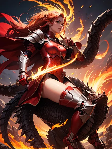 A girl riding a dragon, wearing red armor, attacking with fire magic, with long hair