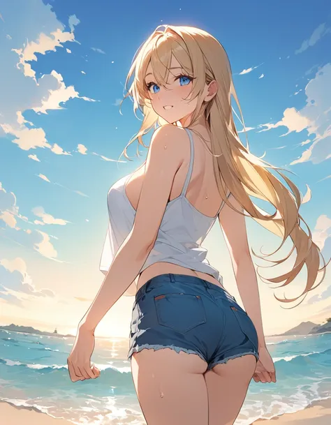 (Top quality illustrations:1.2), (pretty girl:1.1), (1 girl、17 years old、Top quality illustrations:1.2), (1 girl、Kind eyes、blue eyes:1.2)、Blonde、Semi-long hair、Mature、Beautiful breasts 、White tank top、Denim shorts、summer、blue sky、Sweat、Back view、hip focus