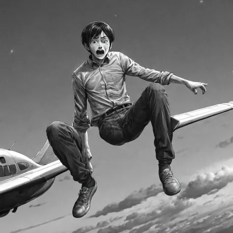 1man, jumping from plane, (anime), bizarre scenario, This is Junji, Yusuke Murata, black and white, 8K, anime, horror