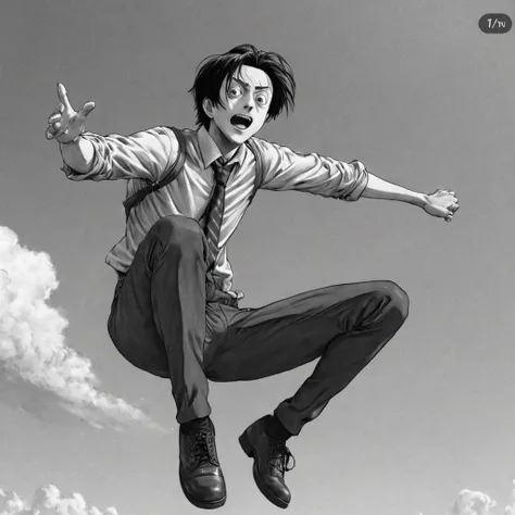 1man, jumping from plane, (anime), bizarre scenario, This is Junji, Yusuke Murata, black and white, 8K, anime, horror