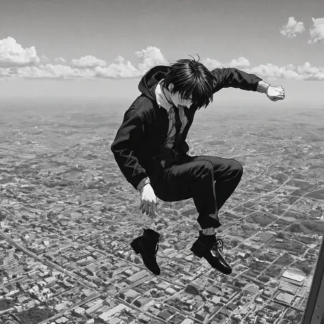 1man, jumping from plane, (anime), bizarre scenario, this is junji, yusuke murata, black and white, 8k, anime, horror