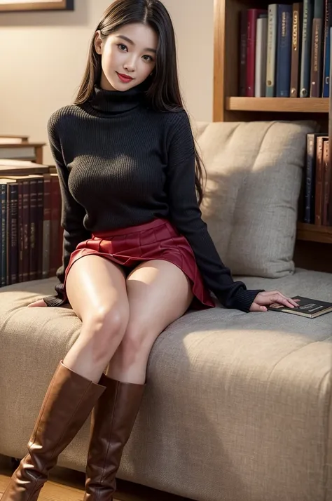 Beautiful 20 year old woman with small breasts, Japanese,One Woman,Beautiful, perfect and detailed face, Little red lips,Smiling innocently, , Fine eyes and lips, Long eyelashes, Realistic, Very detailed,checked midi skirt,Turtleneck sweater,Ankle boots,8K...