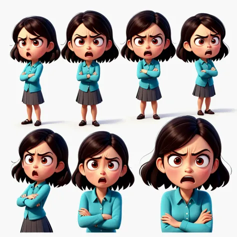 a girl,angry emoil, Pixar style、3D,4 images ,sticker style multiple poses and expressions, different emotions, white background --niji 5