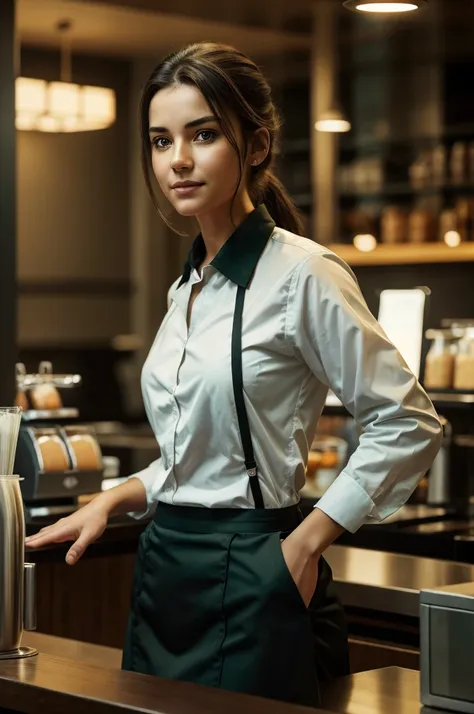 Realistic, 4k, highly detailed, ultra hd, A half body portrait of a young waitress in a shopping mall coffee shop, with stylized painterly effects and subtle, somber colours. She is wearing her waitress uniform, standing behind the service counter, serving...