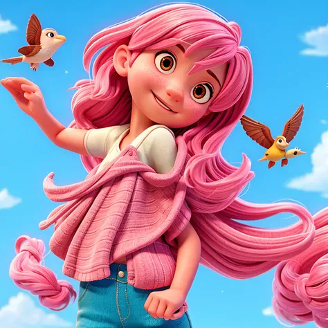 Uma garota fly away, pink  hair, slanted eyes, cute, 3d, highly detailed, wearing a brown sweatshirt, and light blue pants, fly away, highly detailed, fully body, cartoon, 11 years old, 