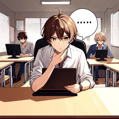 Close non-protagonist, a young worker named Kenji. Hes in his office, typing on the computer, looking distractedly at the clock. Ao fundo, colleagues discuss work.