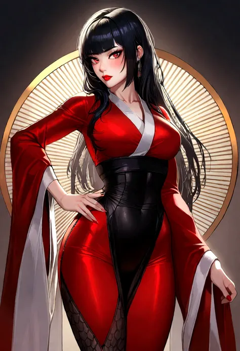 1 girl, korean, Body cute, Red lips, series, long black  hair, bangss, Eyes red, symbol pupil, close-fitting clothes, black leagwear, Japanese clothing