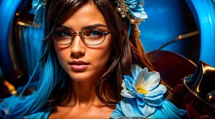 Beautiful brunette with slightly dark skin and black hair with pearls for advertising stylish glasses with light blue frames, swirly vibrant colors, hyper realistic art in 4k, hyper realistic hair