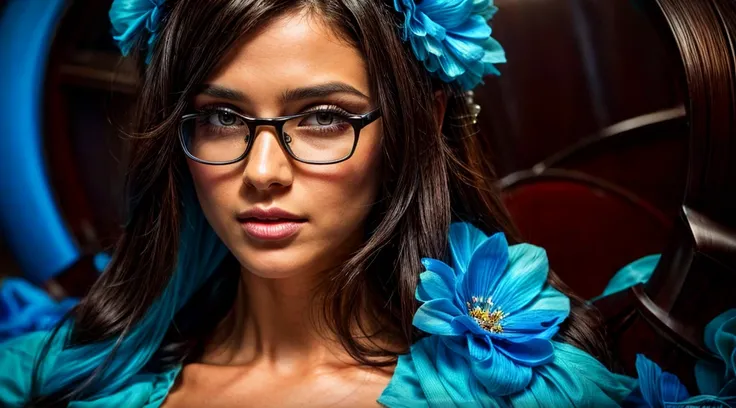 Beautiful brunette with slightly dark skin and black hair with pearls for advertising stylish glasses with light blue frames, swirly vibrant colors, hyper realistic art in 4k, hyper realistic hair