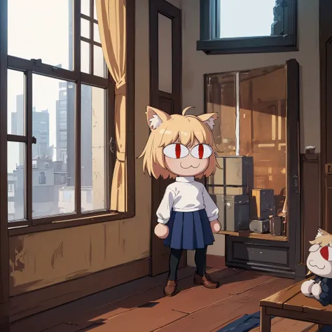 (masterpiece, best quality:1.2),  necoarc, slit pupils, cat ears, blonde hair, red eyes, chibi, 1boy, solo, white turtleneck, blue skirt, pleated skirt, brown footwear, pantyhose, near a window, inside a room, highlight thighs, :3, landscape