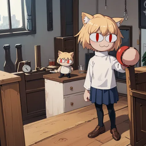 (masterpiece, best quality:1.2),  necoarc, slit pupils, cat ears, blonde hair, red eyes, chibi, 1boy, solo, white turtleneck, blue skirt, pleated skirt, brown footwear, pantyhose, near a window, inside a room, highlight thighs, :3, landscape