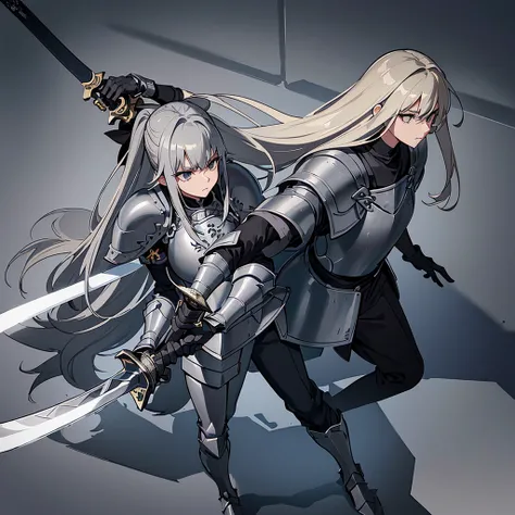 Best illustrations、Best Quality、(Full body character concept、detailed)、(((Simple grey armor、Black trousers、Black gloves))、(woman、18-year-old)、(Blonde、Long Hair)、(((Grab the sword、Get Ready)))、(From above at an angle)