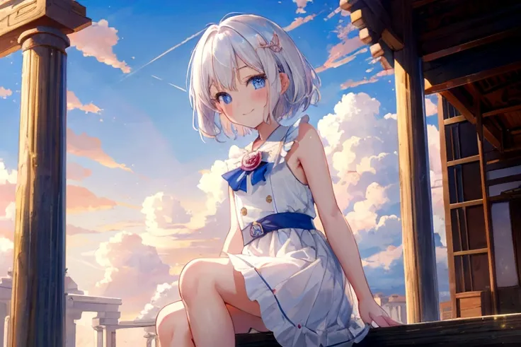 masterpiece, 最high quality, high quality, Highly detailed cg 8k wallpaper, Sunlight, Shiny hair, Blurred eyes, temple, Beautiful sky, cloud, A girl, 10 year old girl, small, Fairy, baby face, Cute face, Pretty Face, blush, Smile, Short white hair, blue eye...