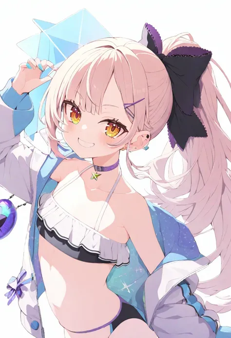 1 girl, vtuber style, cool girl, hololive, Murasaki Shion, Ponytail, swimsuit, small chest, cropped shoulders, clavicle, looking at viewer, smile, (whole body), standing,