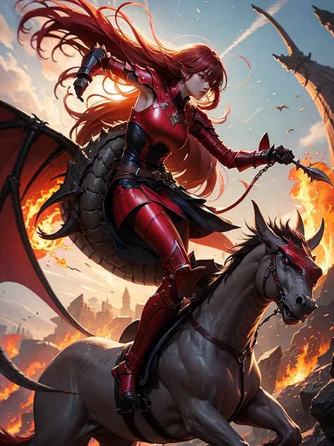 A girl riding a dragon, wearing red armor, attacking with fire magic, with long hair