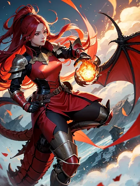 A girl riding a dragon, wearing red armor, attacking with fire magic, with long hair